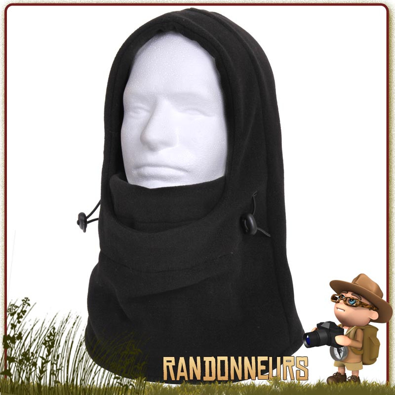 Balaclava Polaire polyester, taille unique, une seule ouverture, prolongement sur le cou et la nuque pour se protéger du froid