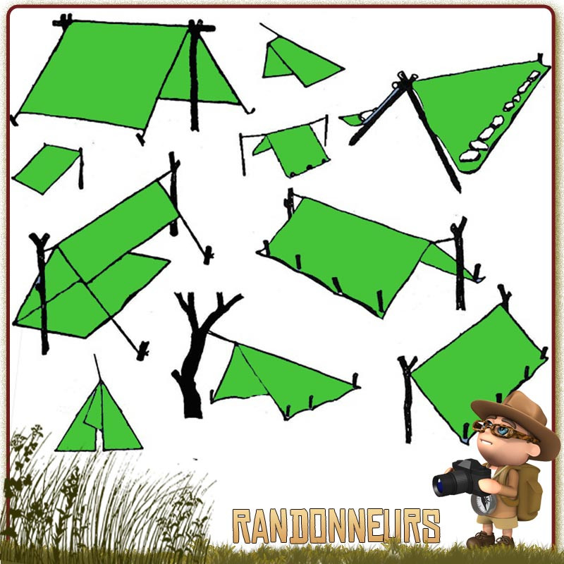 tarp bushcraft robuste avec piquets haubans étanche abri bivouac léger