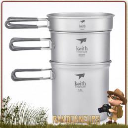 Set Popote Titane 3 Pieces Keith avec pot, casserole et poele ultra leger pour randonner