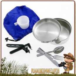 Kit Popote Camping 5 Pièces Inox - Pour 2-3 Personnes - Casseroles, Poêle, Assiette, Cuillère