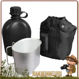 Set gourde aluminium armée américaine type gi's et sa housse polyester robuste noire, avec doublure isolante