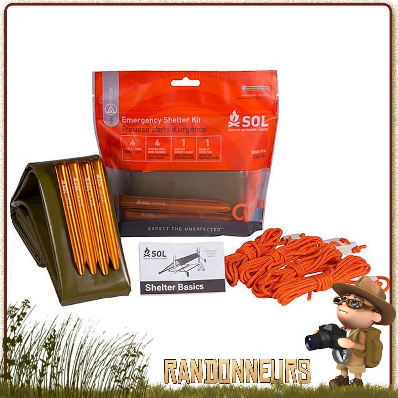 kit abri d'urgence SOL survive outdoors longer pour randonneurs avec bâche tarp abri, piquets et cordages