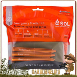 kit abri d'urgence SOL survive outdoors longer pour randonneurs avec bâche tarp abri, piquets et cordages