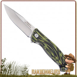 Couteau pliant de survie lame 10 cm acier 440 satiné à cran intérieur et flipper pour ouverture rapide manche g10 vert noir